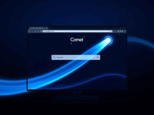 Futuristic AI browser interface named Comet by Perplexity AI, featuring a conversational chat overlay and digital comet visuals in a dark theme.