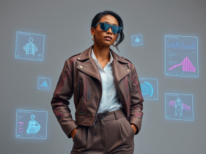 Young woman wearing tech-infused jacket with holographic fashion trend projections, representing AI-powered style