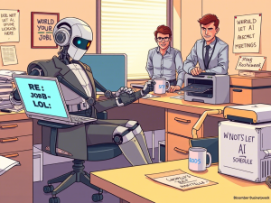 A robot coworker multitasking at an office desk, humorously illustrating how AI is changing workplaces while a human employee watches.
