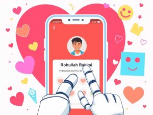 AI-generated Tinder bio with quirky pickup line and robot hand swiping through a profile