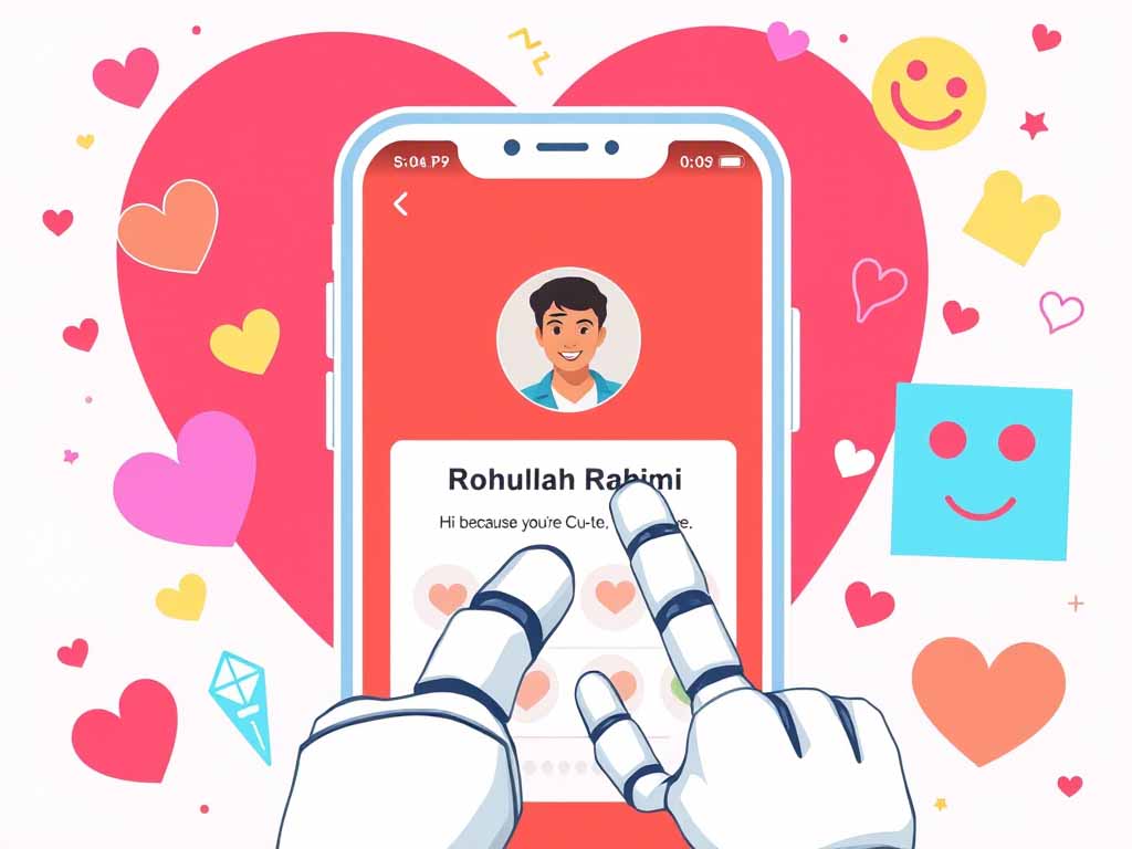 AI-generated Tinder bio with quirky pickup line and robot hand swiping through a profile