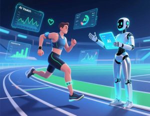 Athlete training with a futuristic AI coach displaying holographic stats and performance insights.