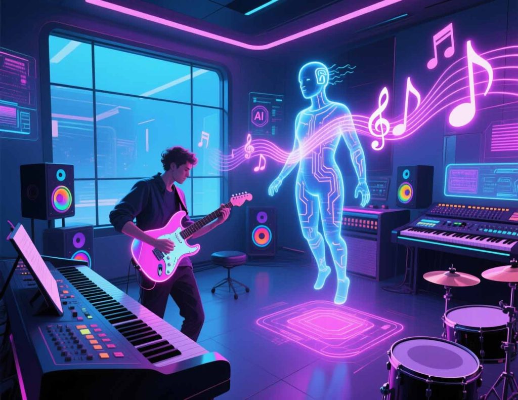 Human musician collaborating with an AI robot in a futuristic studio, creating music with holographic notes and digital sound waves.
