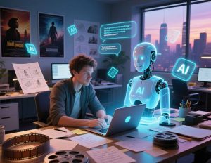 Hollywood screenwriter receiving guidance from a futuristic AI hologram while writing a script, surrounded by storyboards and glowing generative AI elements.