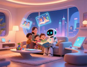 Friendly AI robot babysitting children at home, reading a story and helping with learning in a cozy, futuristic setting.