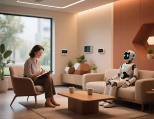 Human therapist and humanoid AI robot in a cozy therapy room, symbolizing AI-assisted mental health support