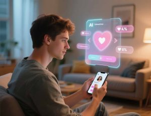 Person swiping on a dating app guided by AI