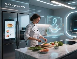 Person cooking in a smart kitchen with AI recipe suggestions