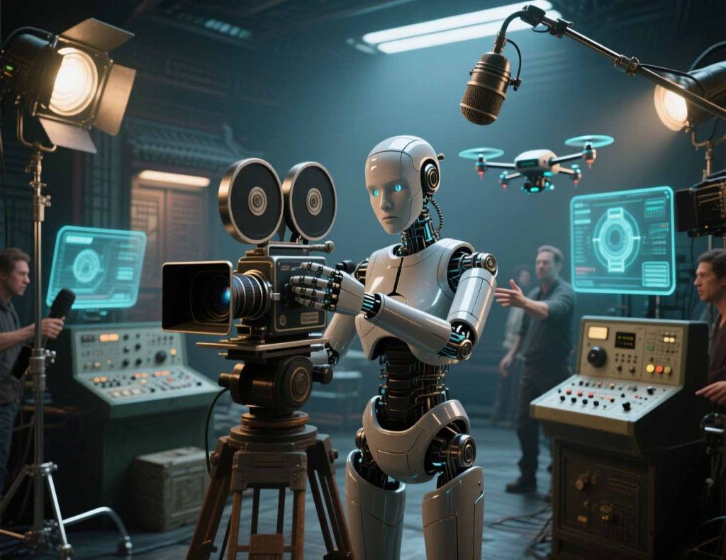 Robot directing a film on a Hollywood set