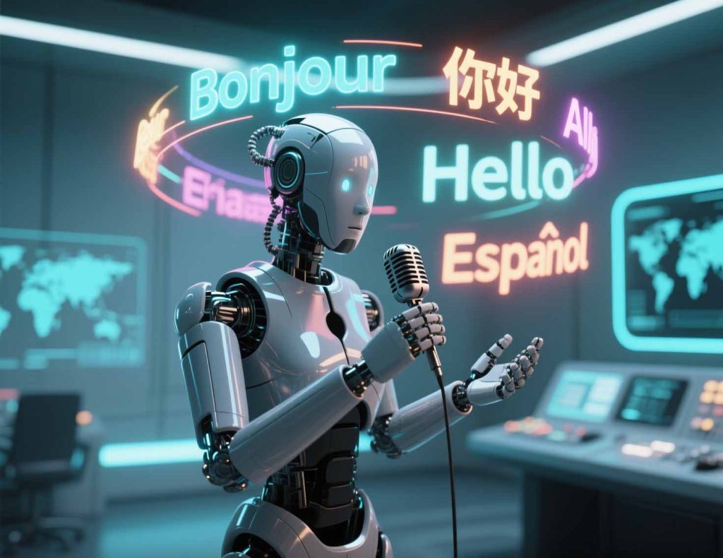 AI robot translating multiple languages with cultural symbols