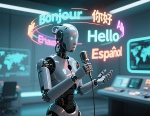 AI robot translating multiple languages with cultural symbols