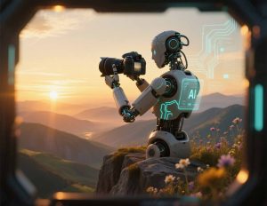 AI photographer robot holding a camera taking a portrait