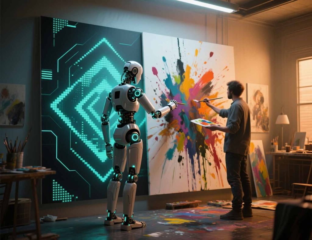 Robot painting alongside a human artist on canvas