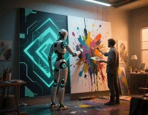 Robot painting alongside a human artist on canvas