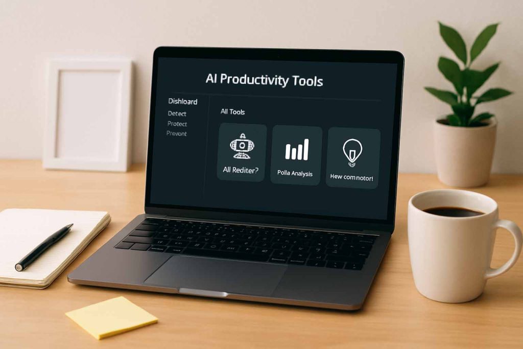 AI productivity tools on a modern workspace desk with laptop and notes