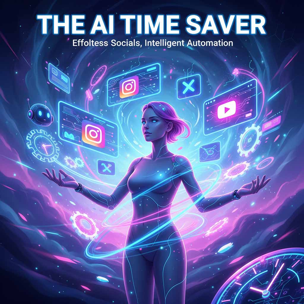 A digital illustration of a person using AI to automate multiple social media platforms, surrounded by glowing screens showing Instagram, TikTok, and YouTube icons.