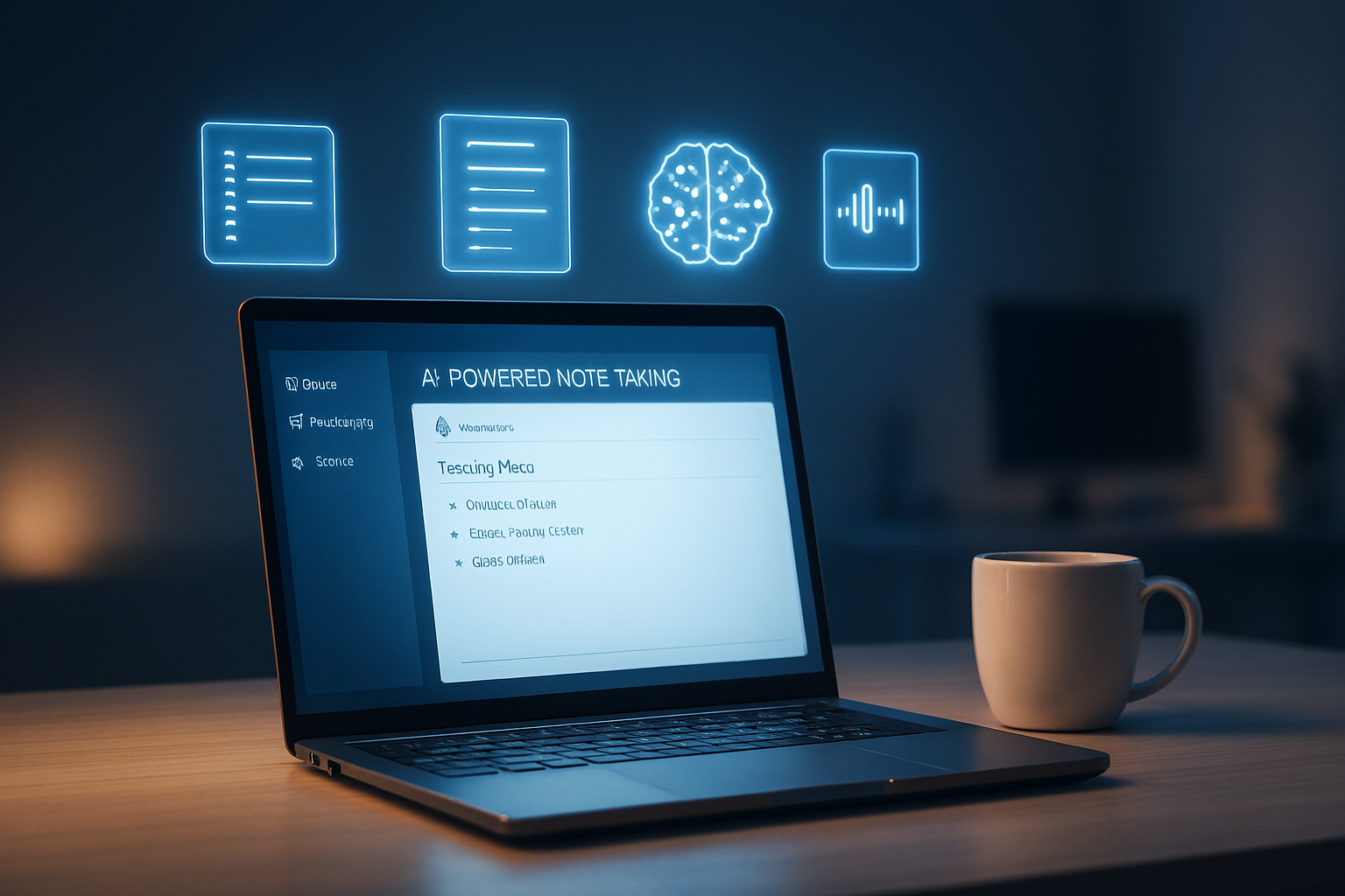 Laptop on a modern desk displaying an AI note-taking app with floating holographic icons for notes, voice transcription, and summaries.